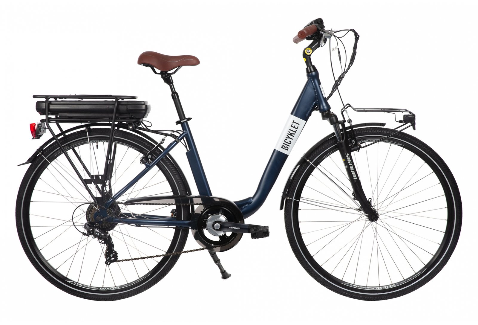 Mixte Bicyklet Claude Shimano Tourney 7V 500 Wh 700 mm Bleu Nuit Mat Marron