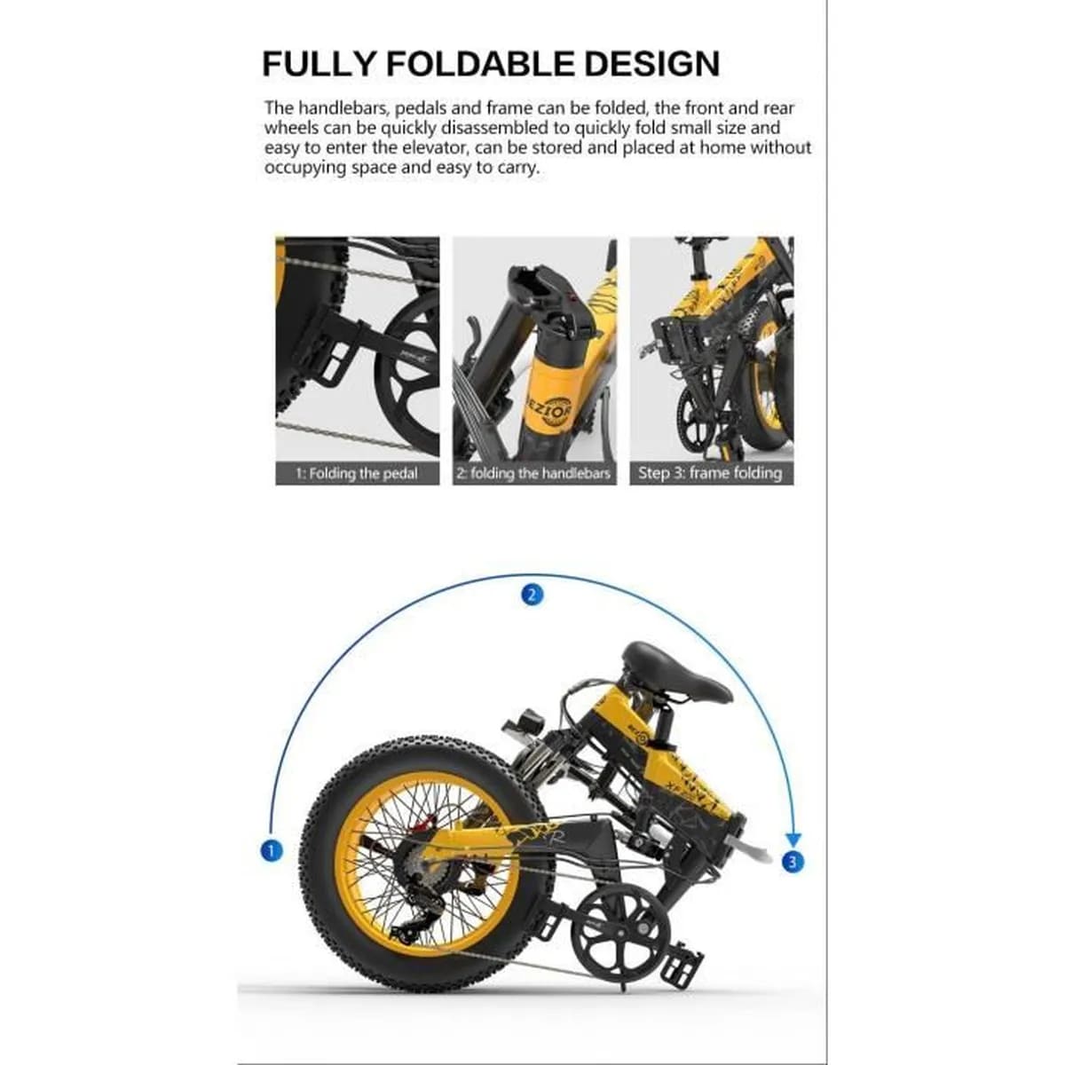 VTT électrique adulte pliant 48V 15Ah Bezior XF200 20 pouces Shimano 7 vitesses-Noir Jaune – Image 2