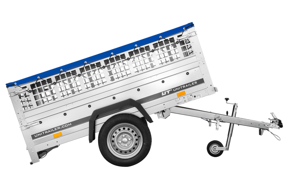 Remorque grillagée 200×106 avec bâche plate bleue ridelles grillagées et roue jockey – Garden Trailer 200 KIPP